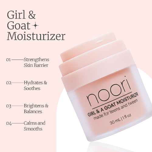 Noori Girl & Goat Moisturizer with product details on a light pink background