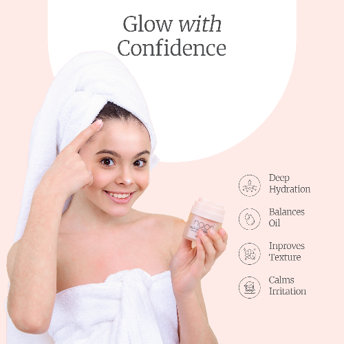 Woman with towel on head holding a skincare product with text 'Glow with Confidence' and benefits listed.