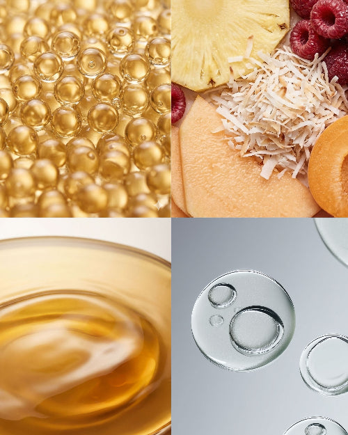Collage of four images: gold bubbles, fruit salad, honey with a spoon, and metallic buttons.