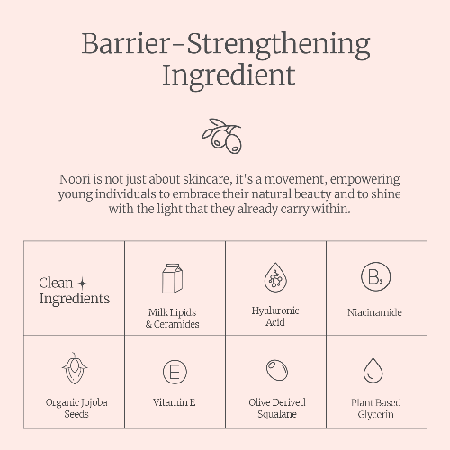 List of barrier-strengthening ingredients with icons on a light pink background
