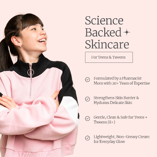 Promotional image for science-backed skincare for teens and tweens with a smiling person wearing a pink and black outfit.