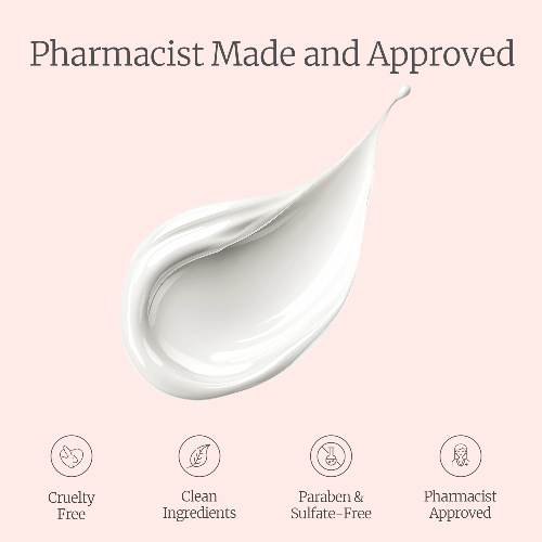 White cream swatch on a pink background with 'Pharmacist Made and Approved' text and icons.