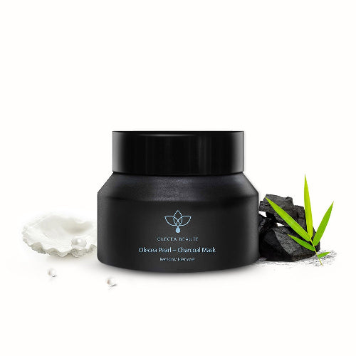 A black jar of Olecea Pearl + Charcoal Mask against a white background.