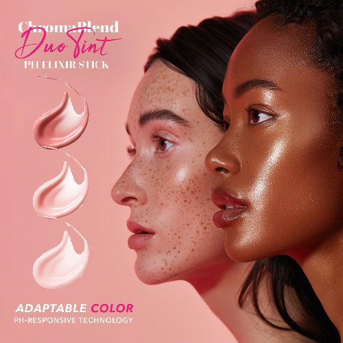 Two women with different skin tones side by side, promoting a cosmetic product on a pink background.
