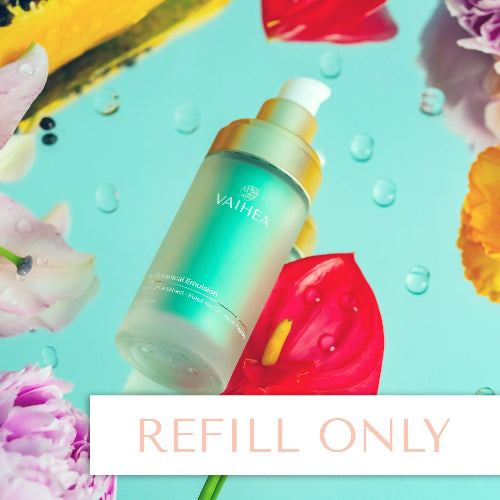 Vaiheaa skincare product with flowers and water droplets on a light blue background
