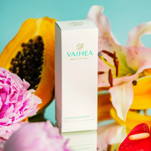 Vaihea product box with flowers and a blue background