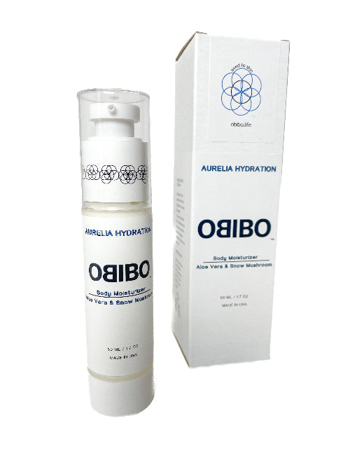 A bottle of Obibo Aurelia Hydration Body Moisturizer next to its white packaging box, both featuring blue text and logos on a white background.