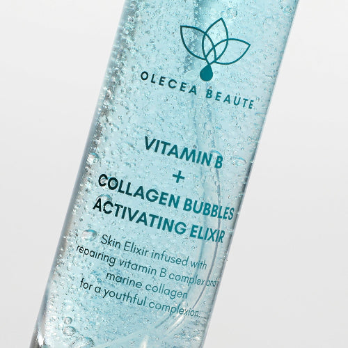 close up of olecea vitamin B collagen bubble elixir label