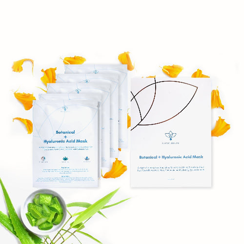 a box of olecea hyaluronic acid masks with 4 individual masks on white background surrounded by aloe