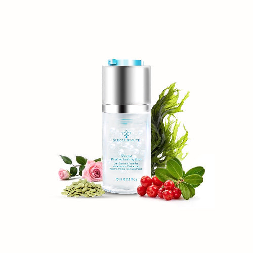 A bottle of Pearl Activating Elixir Serum by Olecea, designed for promoting healthier, more radiant skin with advanced pearlescent beads, hyaluronic acid, and other skin-care ingredients.