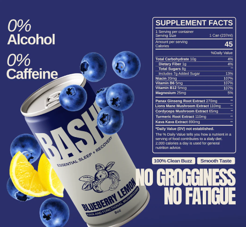 A promotional product graphic for a RASH Blueberry Lemon recovery drink can, shown with a supplement facts panel, blueberries, lemon slices, and marketing text on a dark blue background.