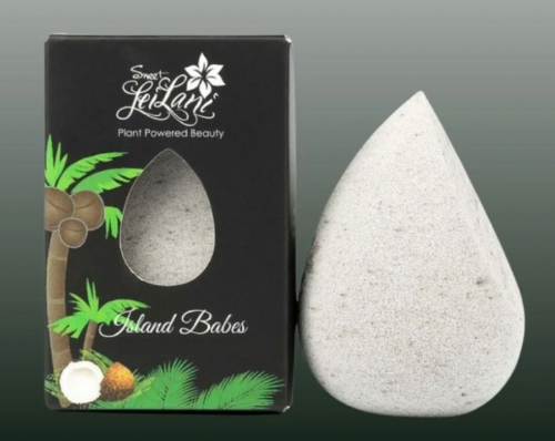 White stone with 'Island Babes' branding next to a black box with palm tree design.