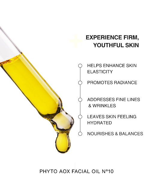 Facial oil dropper with yellow liquid and text about skincare benefits on a white background