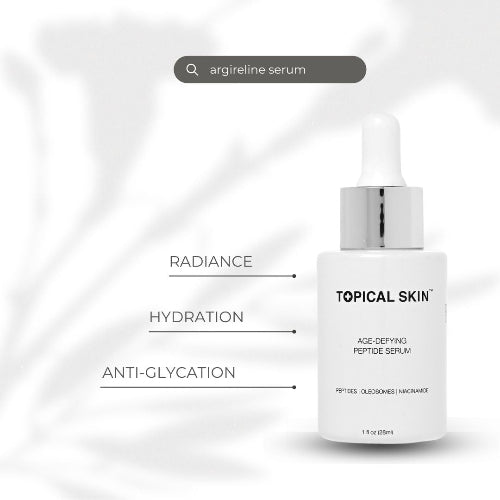 Topical Skin Peptide Serum bottle on light grey background with benefits