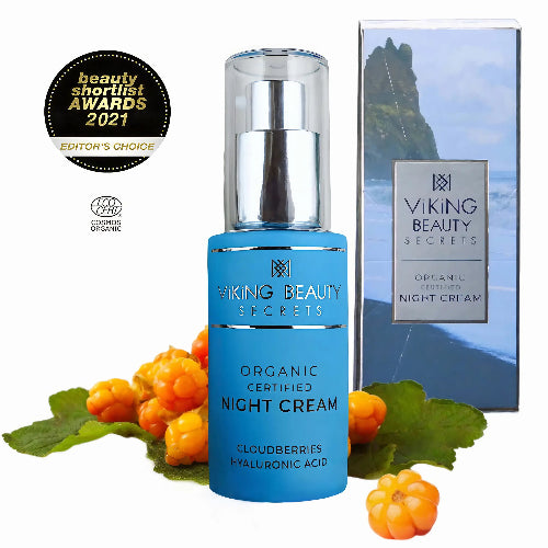 Viking Beauty Secrets organic night cream with packaging and cloudberry fruits on a white background