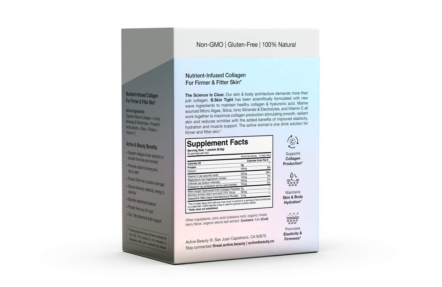 Supplement packaging with nutritional information on a white background