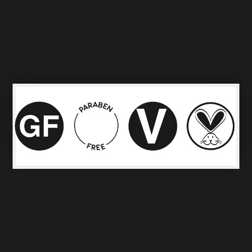 Certification labels for gluten-free, paraben-free, vegan, and cruelty-free on a white background.
