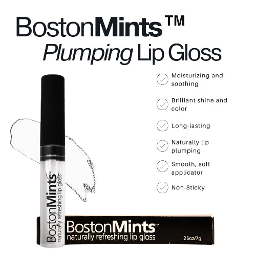 Boston Mints plumping lip gloss with product details on a white background