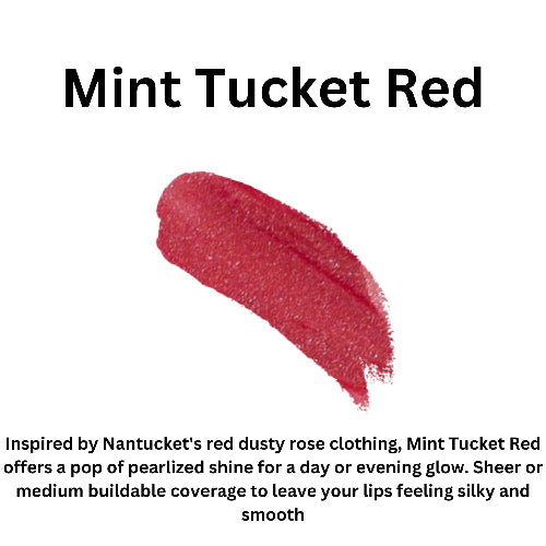Lipstick swatch labeled 'Mint Tucket Red' with product description text.