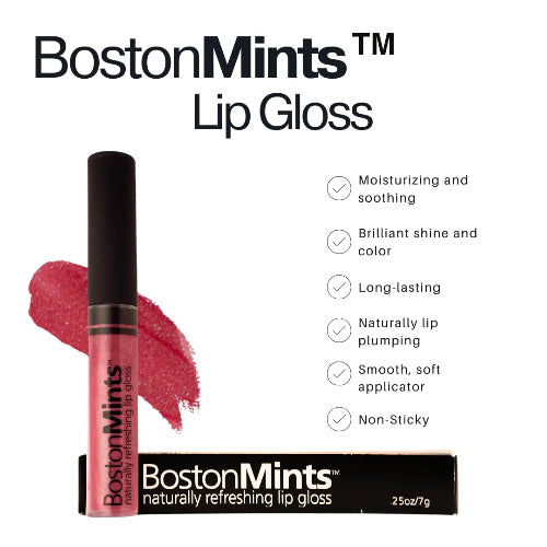 Boston Mints lip gloss with product details on a white background