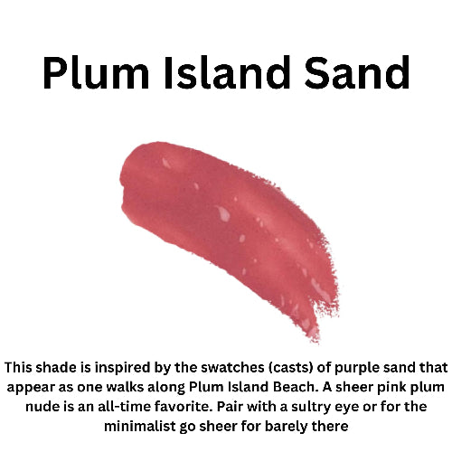 Lipstick swatch labeled 'Plum Island Sand' with description text.