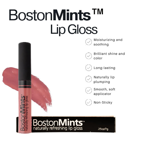 Boston Mints lip gloss with product details on a white background