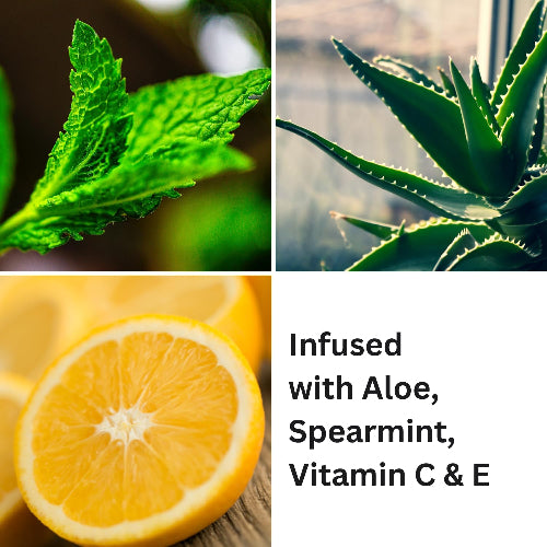 Collage of mint leaf, aloe vera plant, and lemon with text about ingredients.