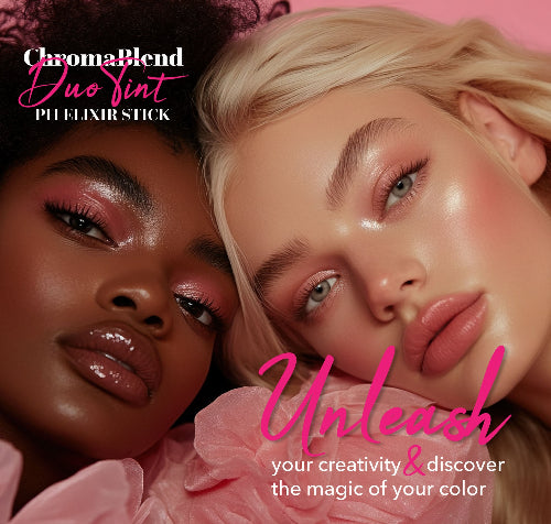 Two models with makeup products on a pink background, featuring text about ChromaBlend Duo Sint PHELIXIR STICK.