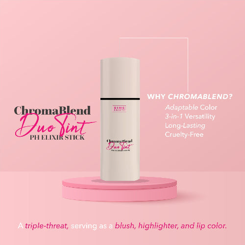 ChromaBlend Duo Sint PH Elixir Stick on a pink platform with promotional text on a pink background