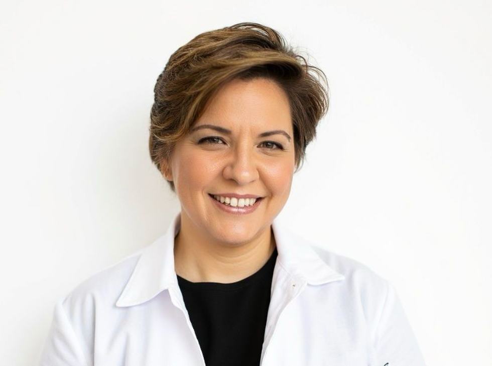 Ebru wearing a white coat against a plain background