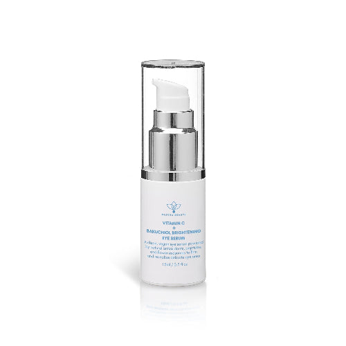 A 1 fl oz white bottle of Morphe Beauty Vitamin C Brightening Eye Serum with a silver pump and clear cap, shown on a white background with a soft reflection.