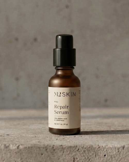Skincare serum bottle labeled 'M2SKIN Repair Serum' on a concrete surface with a neutral background