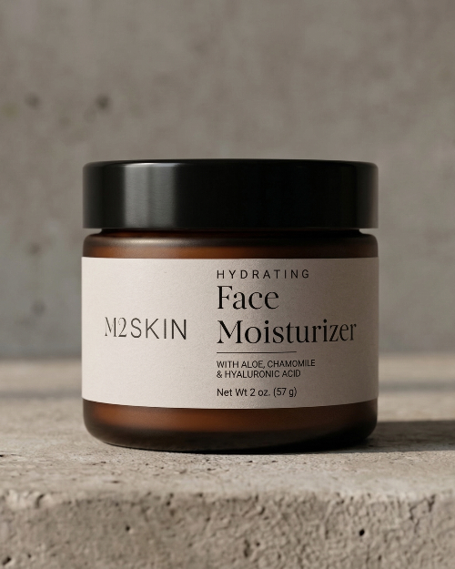 Jar of M2SKIN hydrating face moisturizer on a textured surface with a neutral background