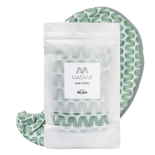 Hair towel with green pattern and packaging labeled 'MASAMI' on a white background