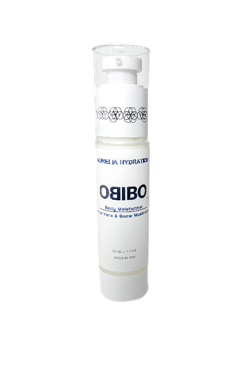 A white cylindrical pump bottle of OBIBO Nurelia Hydration Body Moisturizer, shown against a plain white background.