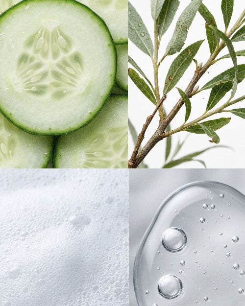 Collage of cucumber slices, olive branch, white fabric, and water droplets.