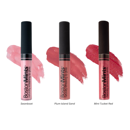 Three lip glosses from Boston Mints with swatches of color on a white background