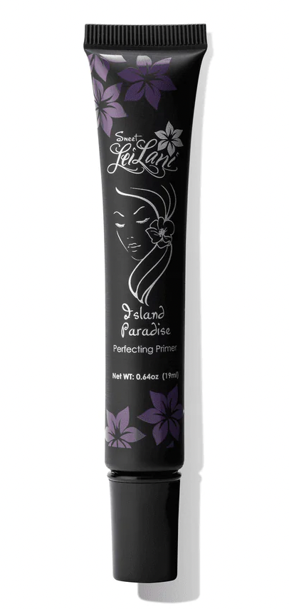 Black cosmetic tube with floral design and text on a white background