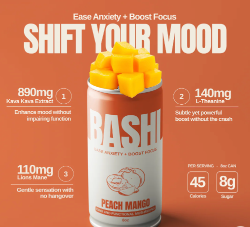 can of Bashi Peach Mango on orange background with benefits