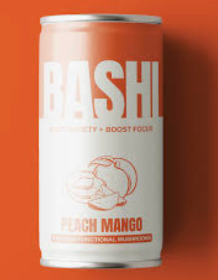can of Bashi Peach Mango on orange background