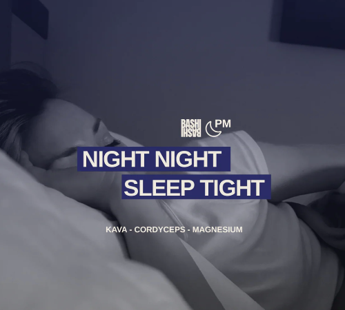 A person lying in bed under a dark blue tinted overlay with text reading 'NIGHT NIGHT SLEEP TIGHT' and smaller text 'KAVA - CORDYCEPS - MAGNESIUM' 