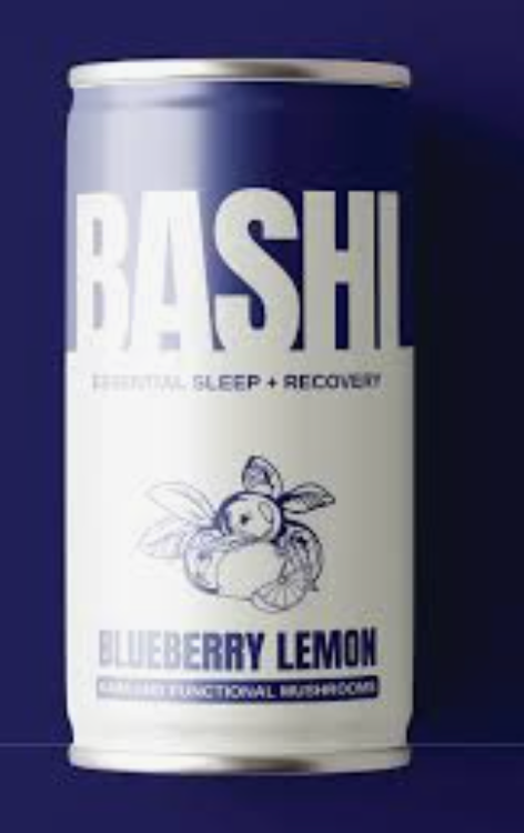 A can of BASHL Blueberry Lemon functional mushrooms, featuring a white and dark blue label with a blueberry illustration, set against a dark blue background.