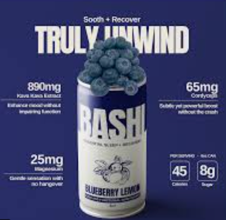 A can of BASH! Blueberry Lemon sooth and recover drink with blueberries on top, set against a dark blue background with text highlighting ingredients and benefits.