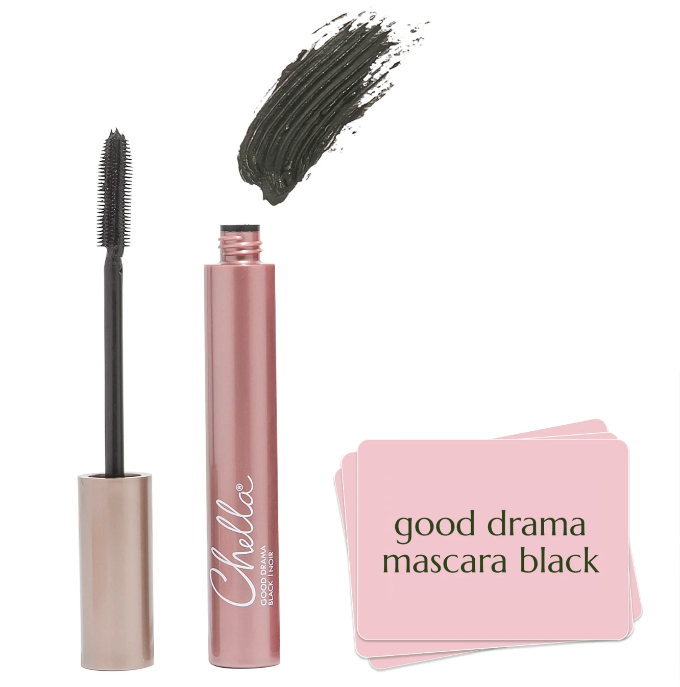Chella Good Drama Mascara in the shade 'mascara black', showing the open pink tube, the black mascara wand, a thick swatch of the black mascara, and three pink color cards on a white background.