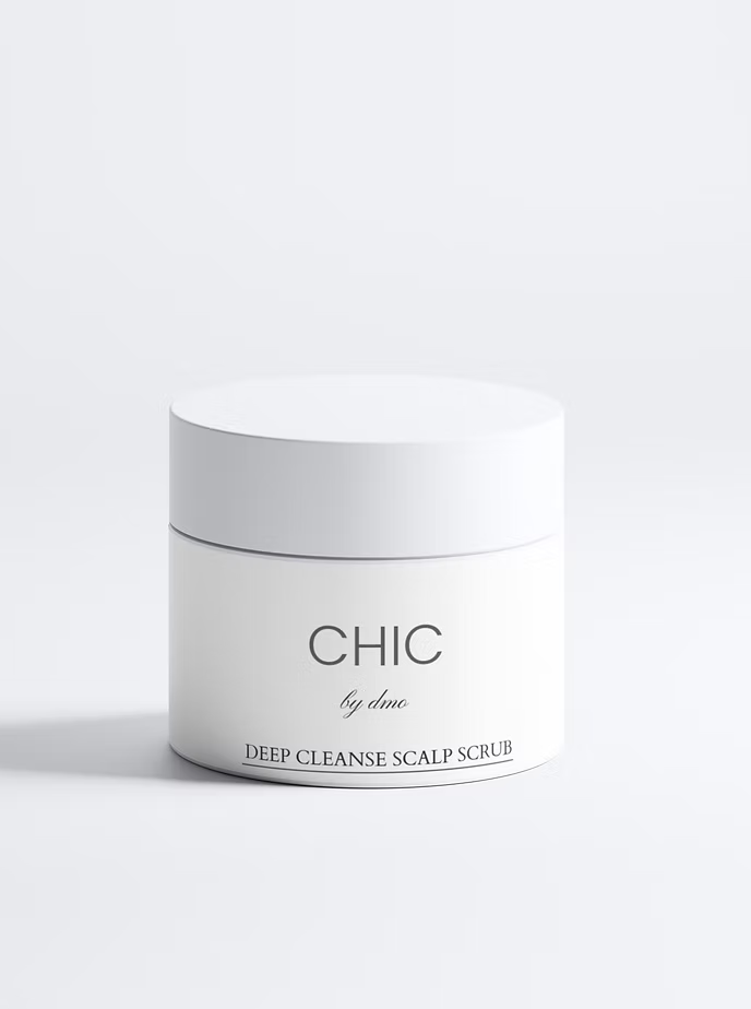 A white cosmetic jar of CHIC by dme Deep Cleanse Scalp Scrub, photographed on a clean white background with a soft shadow.