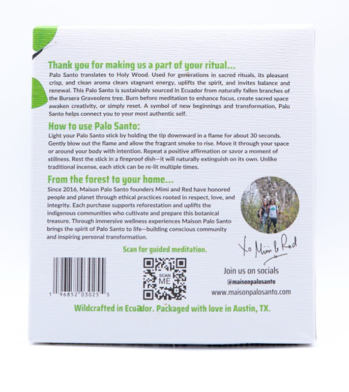 The back of a Palo Santo incense stick packaging card, featuring green and black text on a white background with a barcode and a small green leaf illustration in the top left corner.