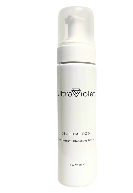 A white bottle of UltraViolet Celestial Rose Detoxifying Cleansing Mousse with a frosted cap and pump dispenser, shown on a plain white background.