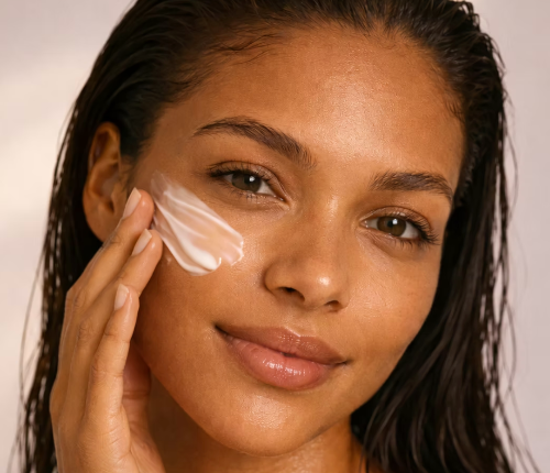 Woman with Ultra Violet moisturizer on her cheek