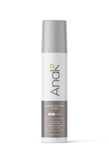Andk Blemish Be Gone Toner bottle, 4 fl oz, featuring a white and gray cylindrical design with a silver cap, on a white background.