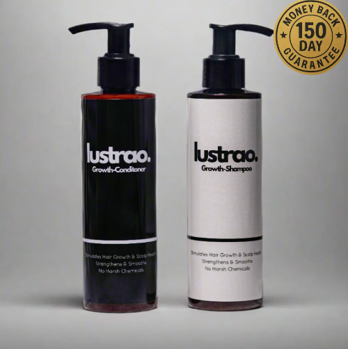 Two Lustrao hair care bottles on a light gray background: a black Growth Conditioner bottle with a red inner tint and a white Growth Shampoo bottle. A gold '150 Day Money Back Guarantee' badge appears in the top right corner.